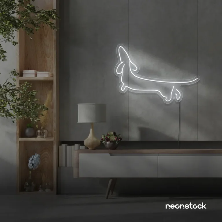Dachshund dog neon sign in white for pet decor and dog-themed wall art.