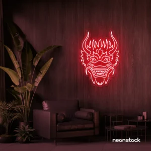 Dragon face neon sign in red – fierce LED wall light for fantasy and gaming decor.