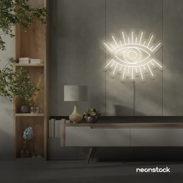 All Seeing Eye neon sign in neutral white for spiritual decor, yoga studios, and creative wall displays.