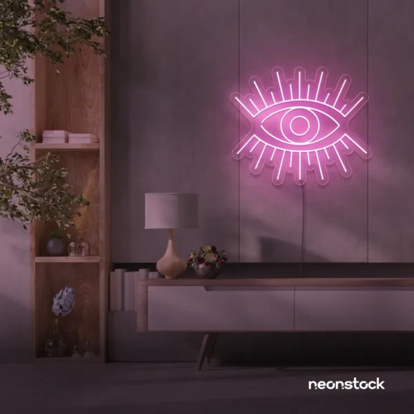 All Seeing Eye neon sign in baby pink for spiritual decor, yoga studios, and creative wall displays.