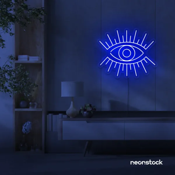 All Seeing Eye neon sign in dark blue for spiritual decor, yoga studios, and creative wall displays.