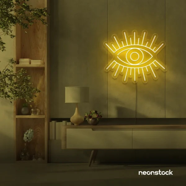 All Seeing Eye neon sign in golden yellow for spiritual decor, yoga studios, and creative wall displays.