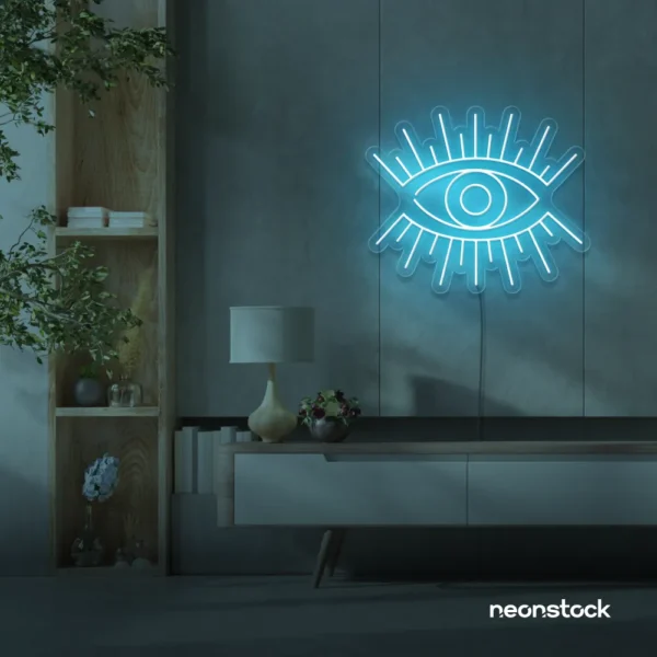 All Seeing Eye neon sign in ice blue for spiritual decor, yoga studios, and creative wall displays.