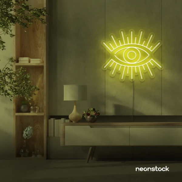 All Seeing Eye neon sign in lemon yellow for spiritual decor, yoga studios, and creative wall displays.