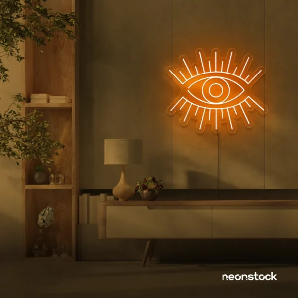All Seeing Eye neon sign in orange for spiritual decor, yoga studios, and creative wall displays.