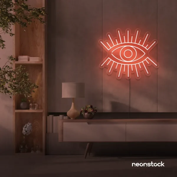 All Seeing Eye neon sign in peachy pink for spiritual decor, yoga studios, and creative wall displays.
