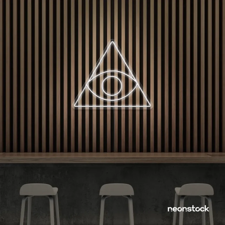 Eye of Providence neon sign in white – symbolic LED wall decor for spiritual and modern spaces.