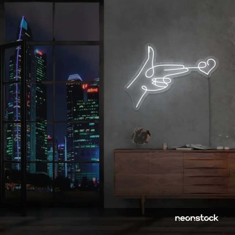 Hands shooting heart neon sign in white – romantic LED wall decor.