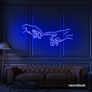Hands neon sign in dark blue – modern wall art symbolizing connection and emotion.