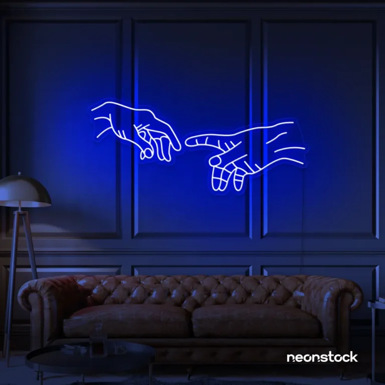 Hands neon sign in dark blue – modern wall art symbolizing connection and emotion.