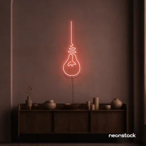 Hanging bulb neon sign in peachy pink for cafes, offices, and creative spaces.