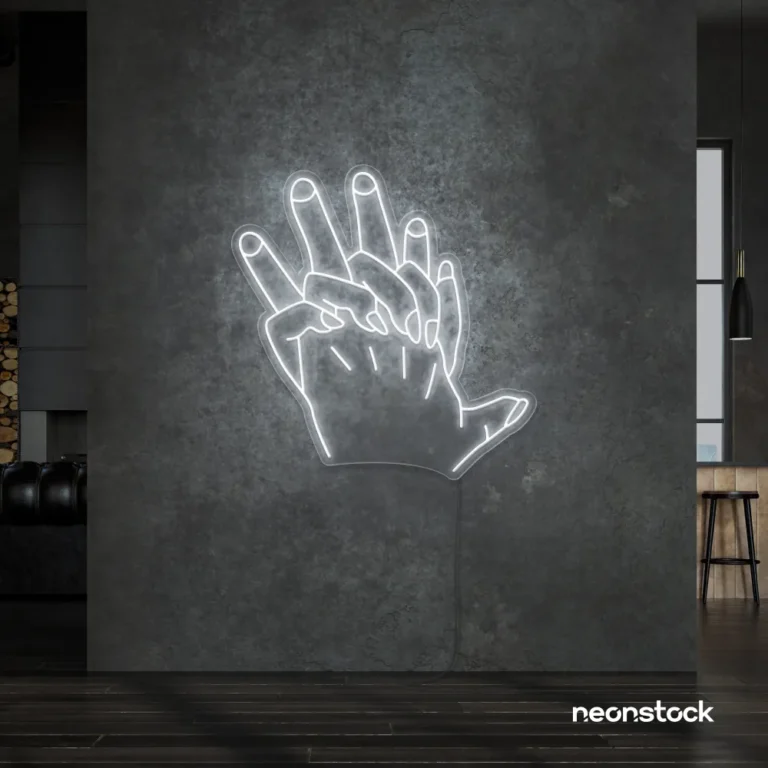 Holding hands neon sign in white – emotional LED wall decor.