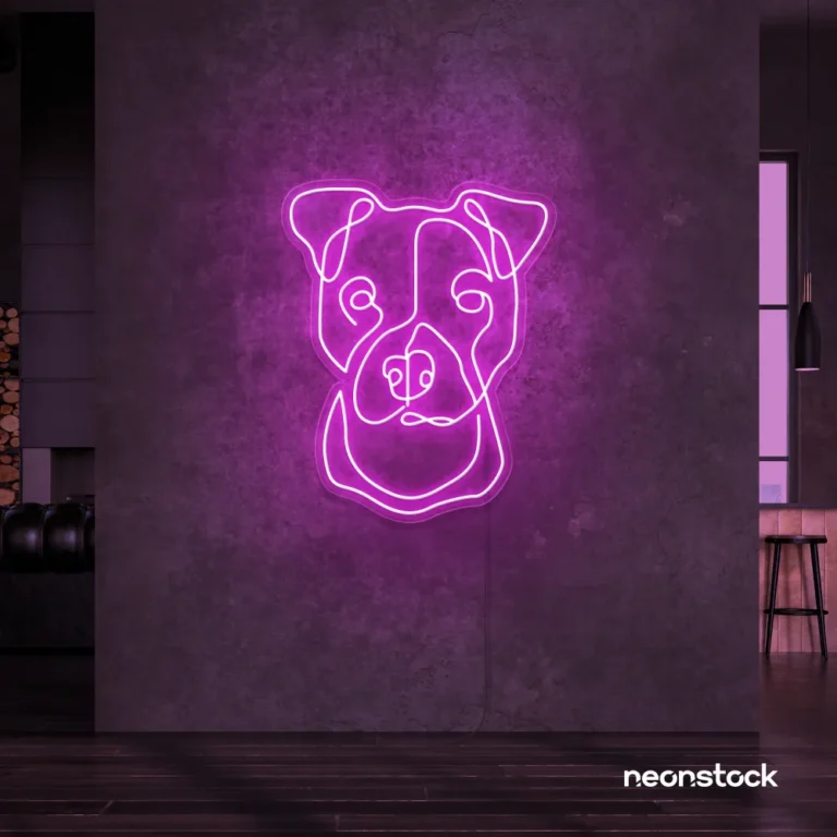 Pitbull dog neon sign in pink for pet decor, dog lovers, and modern interiors.