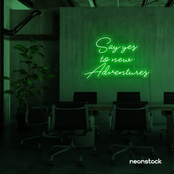 Say Yes to New Adventures neon sign in deep green for travel decor, modern entryways, and motivational vibes.