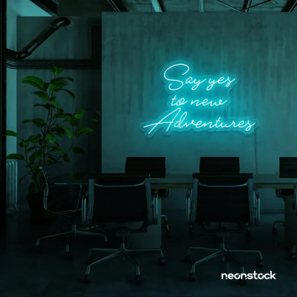 Say Yes to New Adventures neon sign in mint green for travel decor, modern entryways, and motivational vibes.