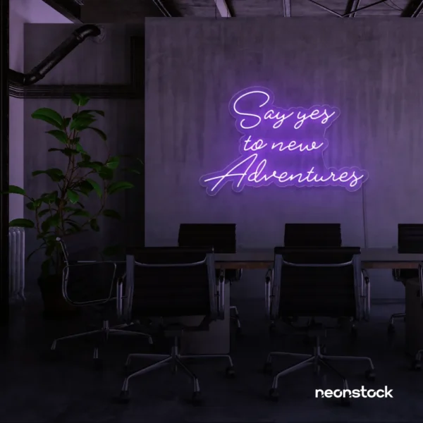 Say Yes to New Adventures neon sign in purple for travel decor, modern entryways, and motivational vibes.