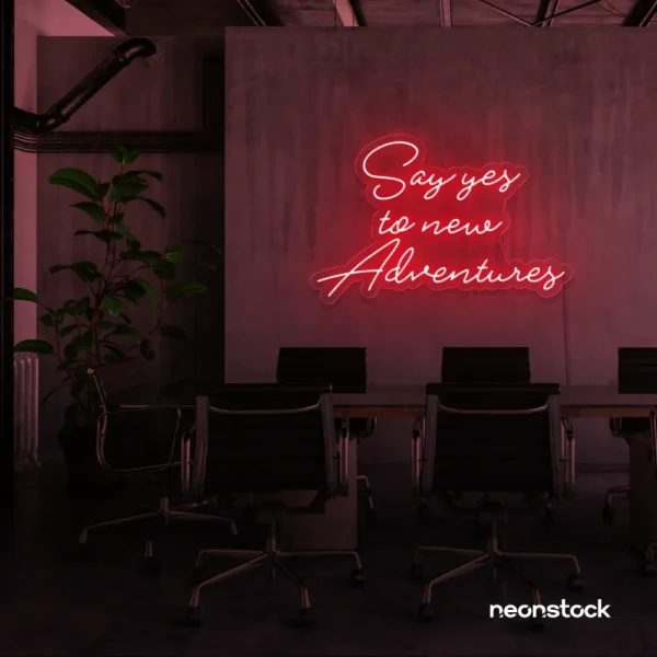 Say Yes to New Adventures neon sign in red for travel decor, modern entryways, and motivational vibes.