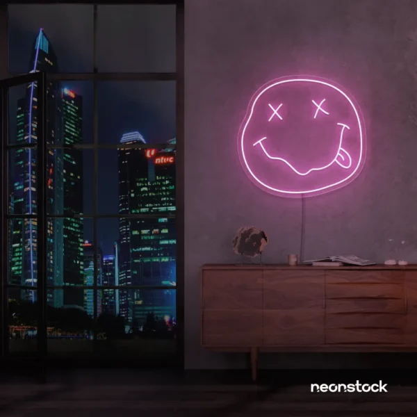 Smiley face neon sign in baby pink for home or kids room wall decor