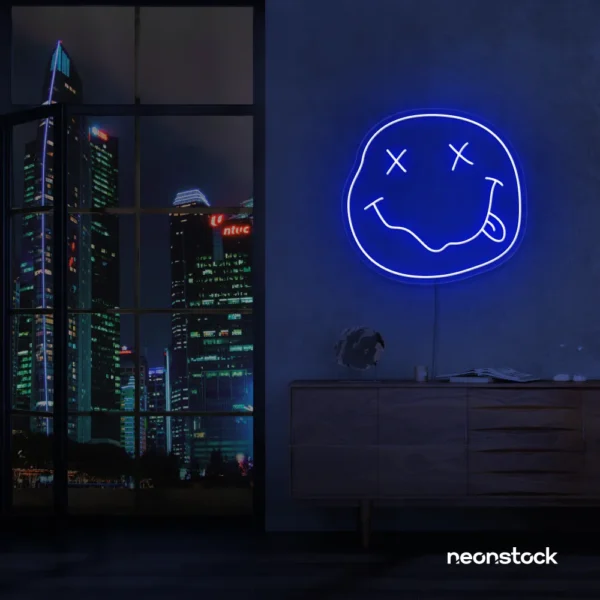 Smiley face neon sign in dark blue for home or kids room wall decor