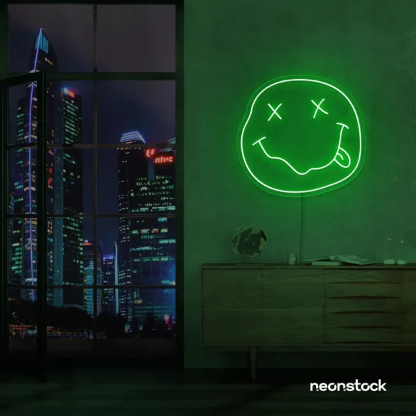 Smiley face neon sign in deep green for home or kids room wall decor