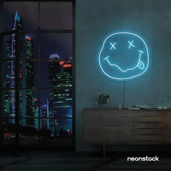 Smiley face neon sign in ice blue for home or kids room wall decor