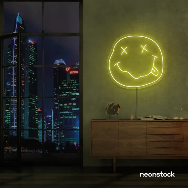 Smiley face neon sign in lemon yellow for home or kids room wall decor
