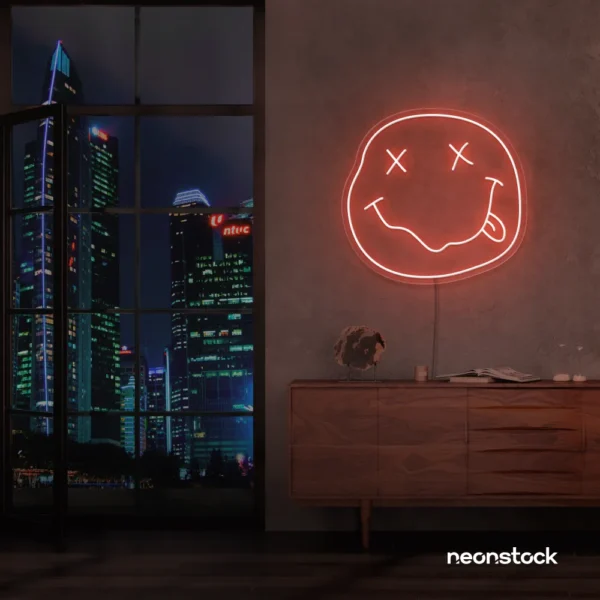 Smiley face neon sign in peachy pink for home or kids room wall decor
