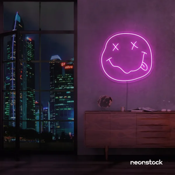 Smiley face neon sign in pink for home or kids room wall decor