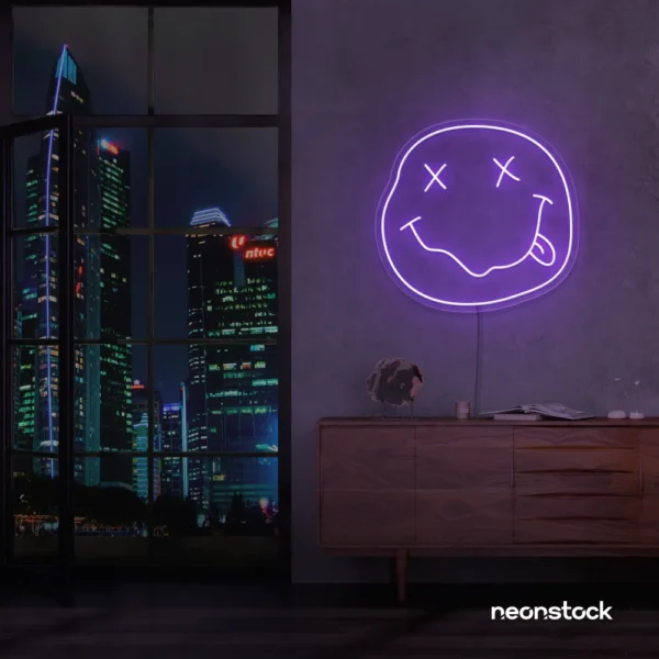 Smiley face neon sign in purple for home or kids room wall decor