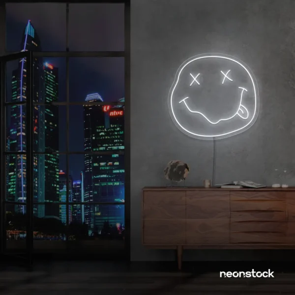 Smiley face neon sign in white for home or kids room wall decor