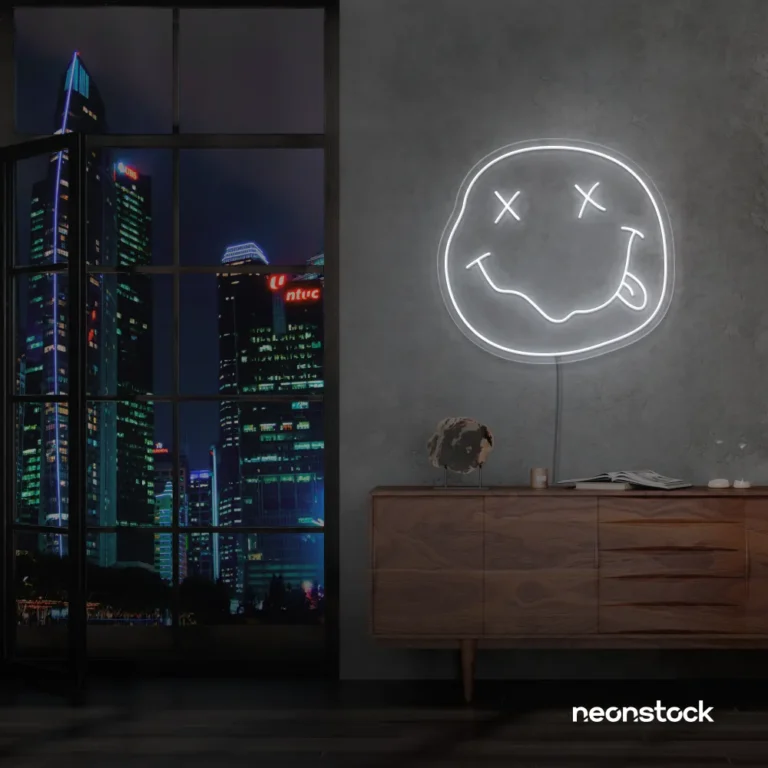 Smiley face neon sign in white for home or kids room wall decor