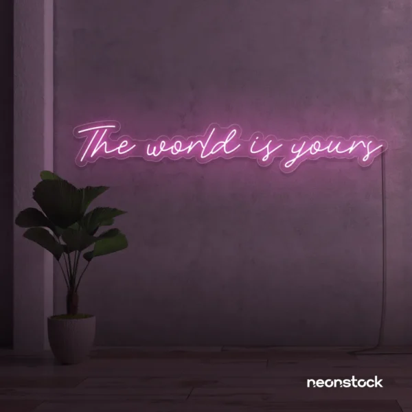 The World Is Yours neon sign in baby pink for visionary decor, inspiring spaces, and modern walls.