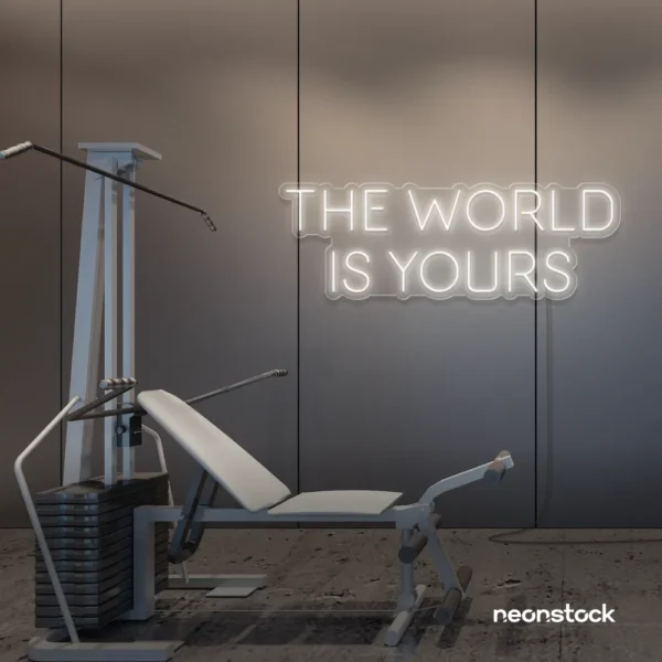 The World Is Yours neon sign in neutral white for empowerment decor, teen rooms, and motivational walls.