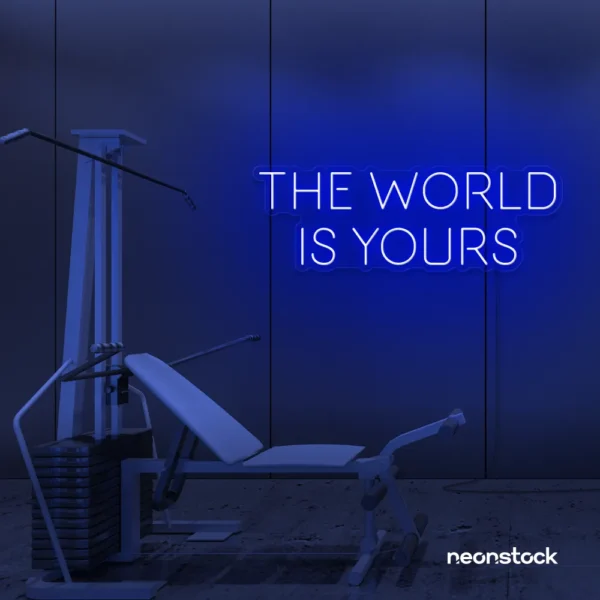 The World Is Yours neon sign in dark blue for empowerment decor, teen rooms, and motivational walls.