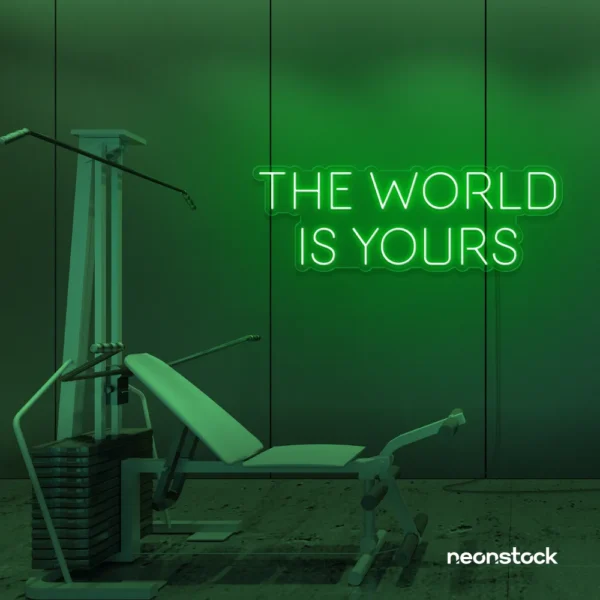 The World Is Yours neon sign in deep green for empowerment decor, teen rooms, and motivational walls.