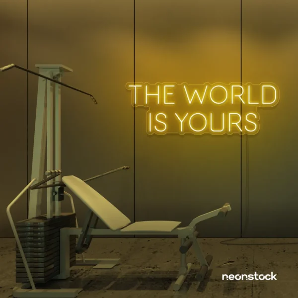 The World Is Yours neon sign in golden yellow for empowerment decor, teen rooms, and motivational walls.