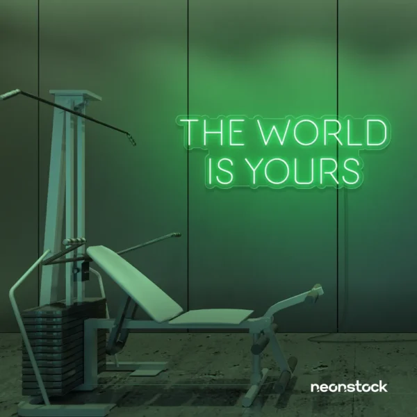 The World Is Yours neon sign in green for empowerment decor, teen rooms, and motivational walls.