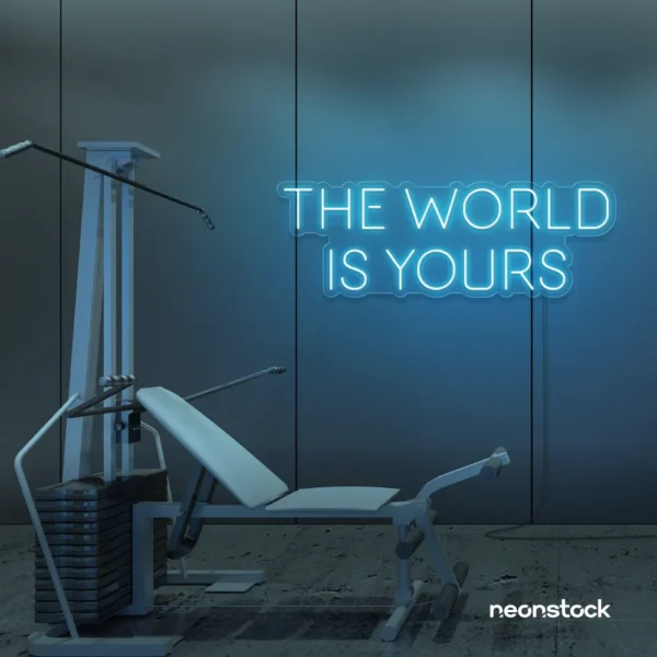 The World Is Yours neon sign in ice blue for empowerment decor, teen rooms, and motivational walls.