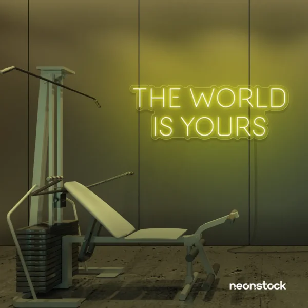 The World Is Yours neon sign in lemon yellow for empowerment decor, teen rooms, and motivational walls.