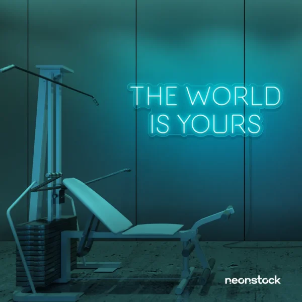 The World Is Yours neon sign in mint green for empowerment decor, teen rooms, and motivational walls.