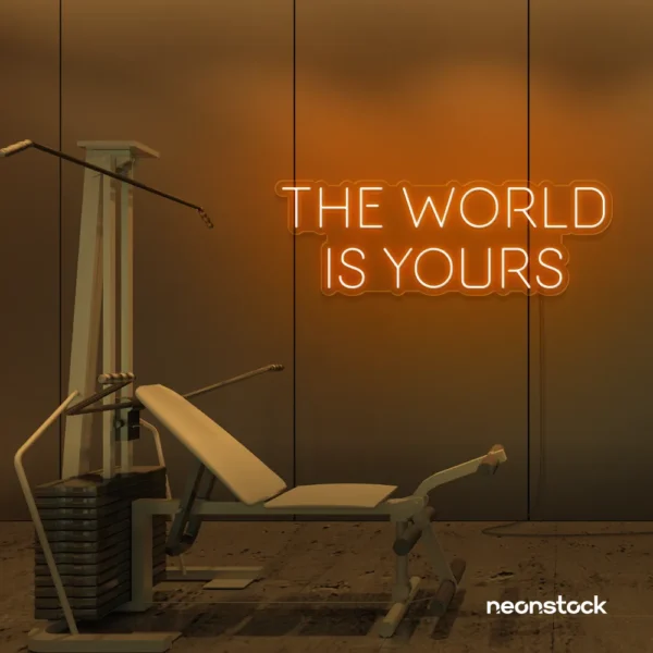 The World Is Yours neon sign in orange for empowerment decor, teen rooms, and motivational walls.