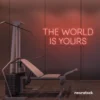 The World Is Yours neon sign in peachy pink for empowerment decor, teen rooms, and motivational walls.