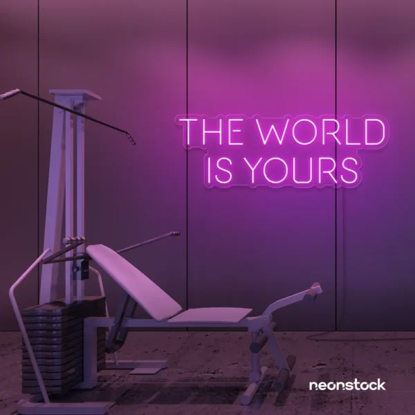 The World Is Yours neon sign in pink for empowerment decor, teen rooms, and motivational walls.