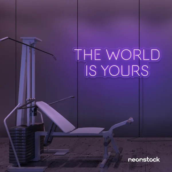 The World Is Yours neon sign in purple for empowerment decor, teen rooms, and motivational walls.