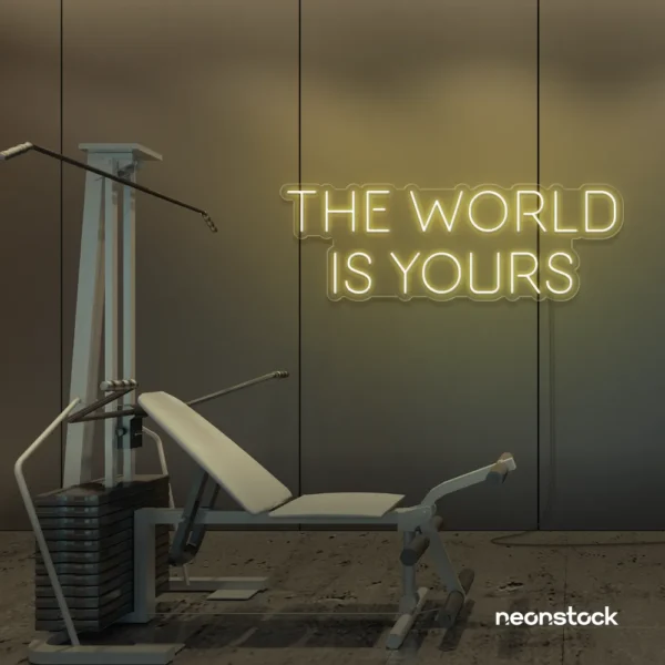 The World Is Yours neon sign in warm white for empowerment decor, teen rooms, and motivational walls.