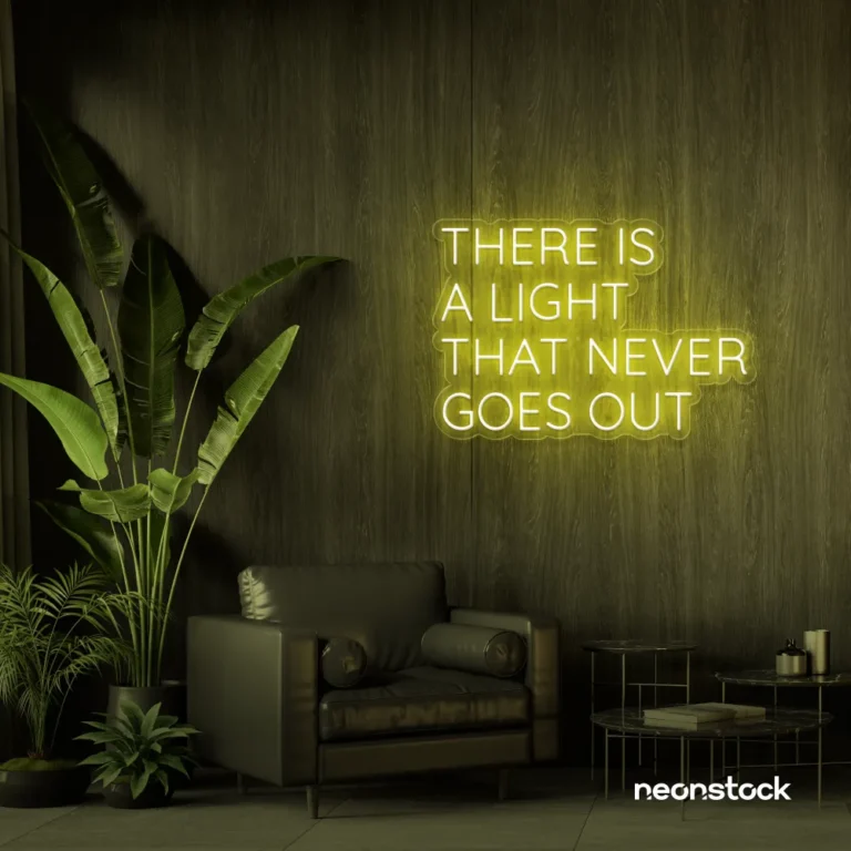 There's a Light That Never Goes Out neon sign in lemon yellow for aesthetic rooms and ambient wall decor.