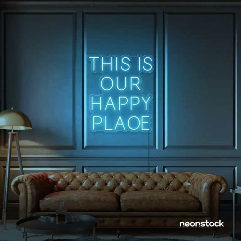 This Is Our Happy Place neon sign in ice blue for home entryways, cozy rooms, and joyful wall decor.