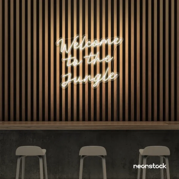 Welcome to the Jungle neon sign in neutral white for bold interiors, gaming setups, and tropical decor.