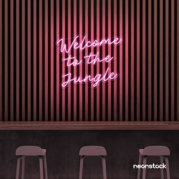 Welcome to the Jungle neon sign in baby pink for bold interiors, gaming setups, and tropical decor.