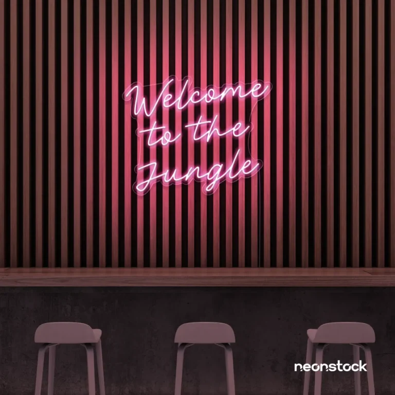 Welcome to the Jungle neon sign in baby pink for bold interiors, gaming setups, and tropical decor.